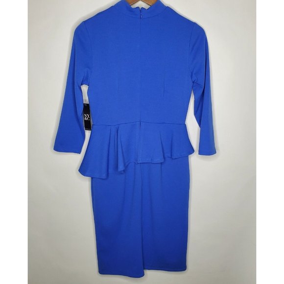 New York and Co Womens Blue Secretary Sheath Dress Size S Peplum Tie Neck - Picture 2 of 9